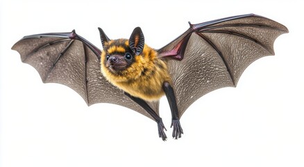 A close-up view of a flying bat with detailed wings against a white background