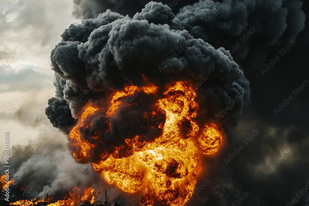 Poster an explosive burst of bright flames and dark, rolling smoke is captured, depicting the forceful ener