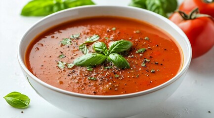 Freshly made tomato basil soup garnished with herbs and spices in a white bowl