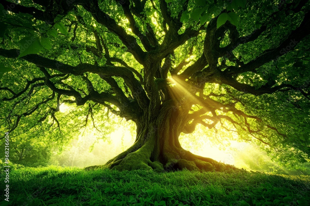 Poster a majestic tree with thick branches is bathed in golden sunlight streaming through its canopy, creat