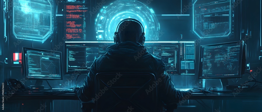 Poster a focused individual working with multiple computer screens in a futuristic, high-tech environment, 
