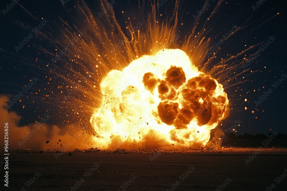 Poster a colossal nighttime explosion, lighting up the dark sky with intense fire and debris, creating a vi