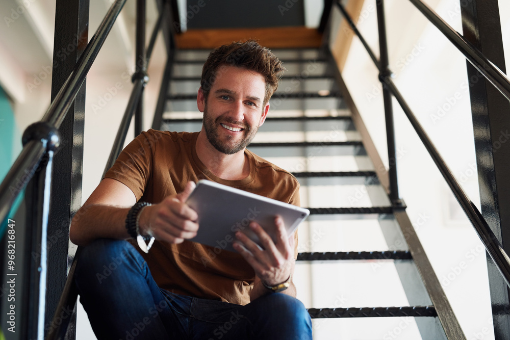 Poster man, office and portrait with tablet in staircase for creative idea, research and project as interio