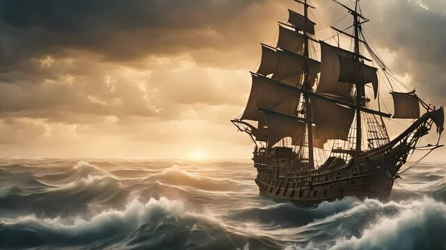 Pirate ship crossing the ocean,footage,4k,hd