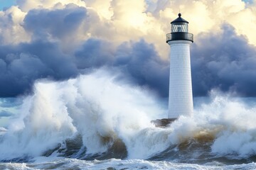 A sturdy lighthouse stands firm against the backdrop of turbulent, stormy waters and crashing waves, embodying the themes of unwavering perseverance, guidance, and resilience.