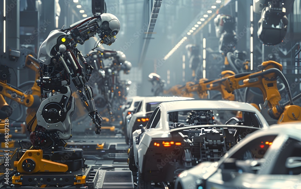 Poster a futuristic factory scene featuring robots assembling modern cars in an automated environment.