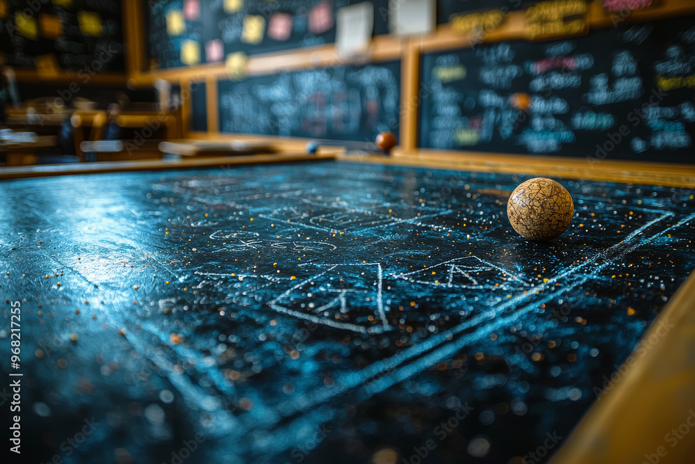 Poster chalk outlines on a blackboard from a classroom lesson, reflecting educational activities and teachi