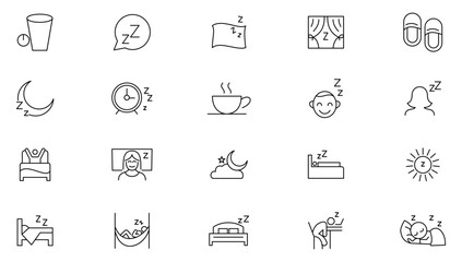 Sleep line icon collection. Sleeping, bedroom, dream, pillow, bed, alarm clock, disorders, insomnia, night and rest icon set. UI outline icon pack