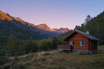 Fototapeta premium A stunning wooden cabin is nestled in a picturesque mountainous valley, highlighted by a beautiful sunset glow on the peaks, creating a tranquil and inviting scene.