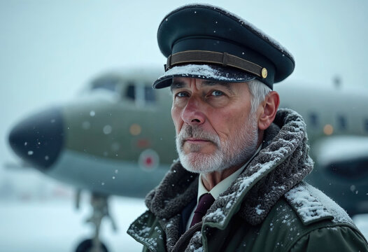 Winter air force pilot stands determined in snow