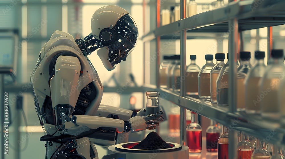 Poster a futuristic robot carefully conducts experiments in a modern lab filled with colorful liquids and s