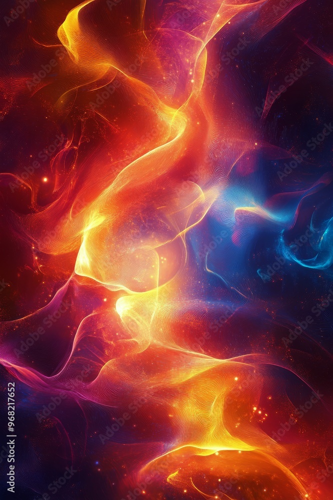Poster vibrant swirling patterns of orange and blue create a dynamic abstract composition