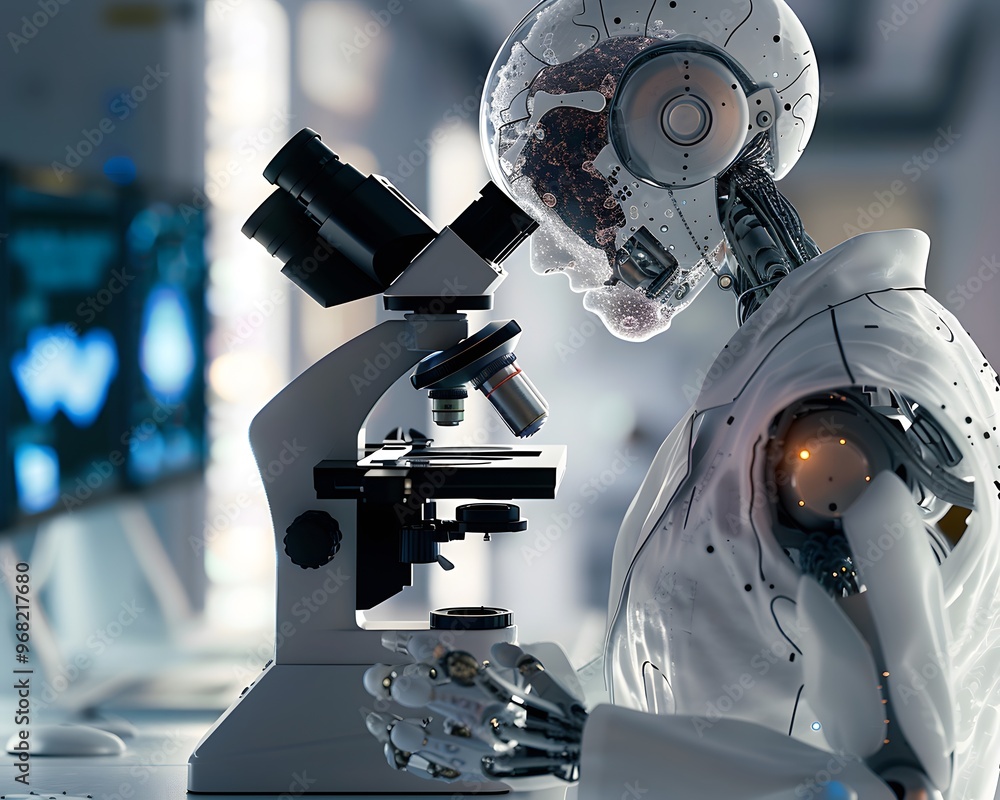 Poster a futuristic robot examines specimens under a microscope, showcasing advanced technology in a scient