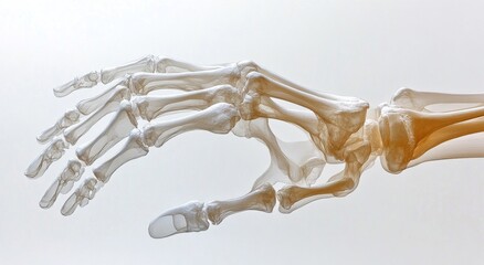 Detailed view of a human hand skeleton model demonstrating bone structure and anatomy