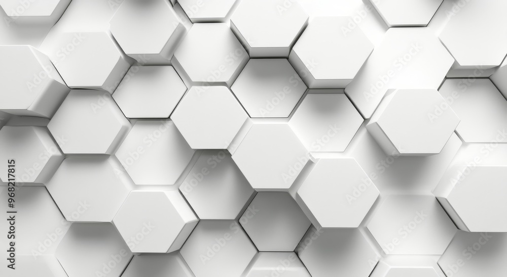 Poster modern geometric pattern created with white hexagonal tiles on a textured wall surface