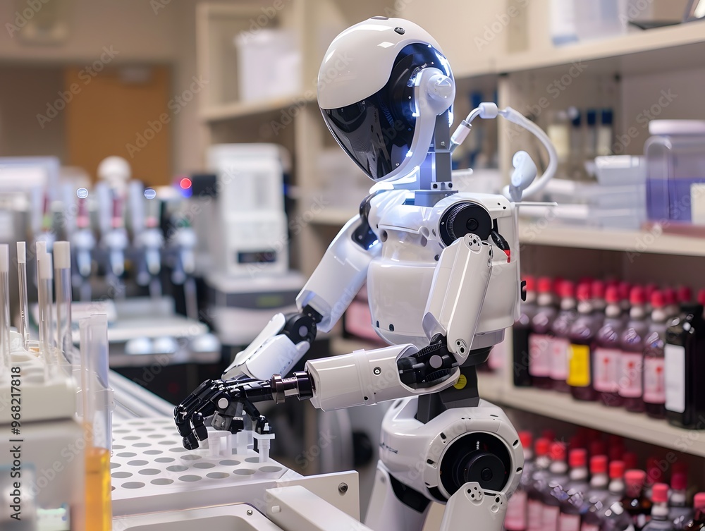 Poster a futuristic robot performing tasks in a modern laboratory, showcasing advanced technology and autom