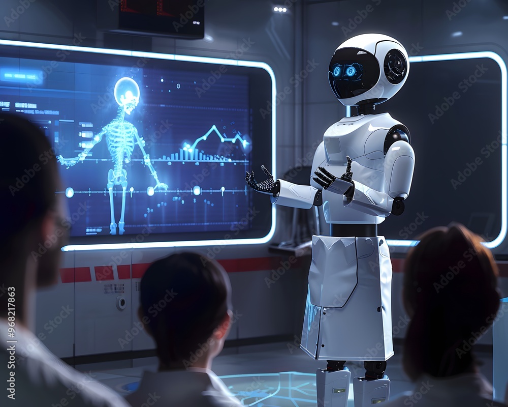 Aufkleber a futuristic robot presenting medical data in a high-tech lab, showcasing advanced technology and in