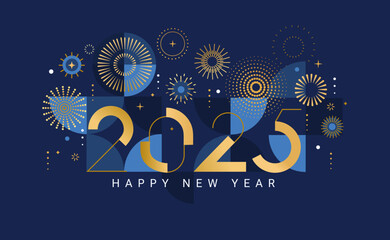 Celebrating 2025 New Year.Elegant card for event with abstract golden fireworks and golden numbers on blue background with geometric pattern.Template for poster,flyer,web.Vector illustration
