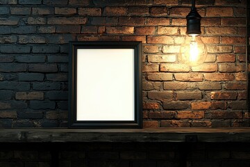 A Black Frame and Vintage Lightbulb Against a Brick Wall