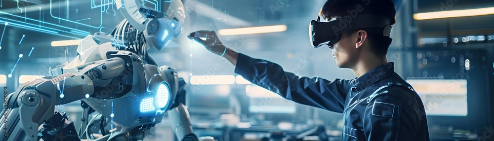 Poster a futuristic scene of a person interacting with a humanoid robot using virtual reality technology in