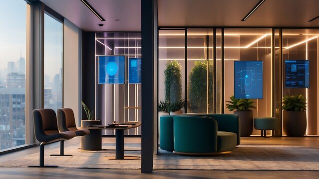 Smart office of the future with integrated screens and open plan design - Powered by Adobe