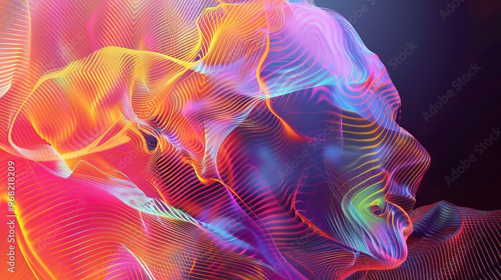Poster colorful abstract representation of a flowing shape conveying emotion in a dark background