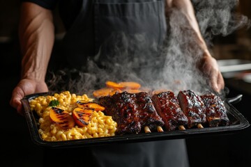 A chef proudly presents steaming BBQ ribs served with creamy macaroni and cheese and grilled peaches, highlighting a perfect balance of flavors and textures.