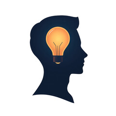 A creative illustration of a human head silhouette with a glowing light bulb, symbolizing ideas and inspiration. transparent background