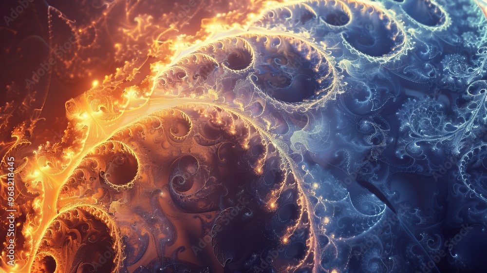 Poster Abstract fractal art depicting vibrant blue and orange waves with intricate patterns in a cosmic setting