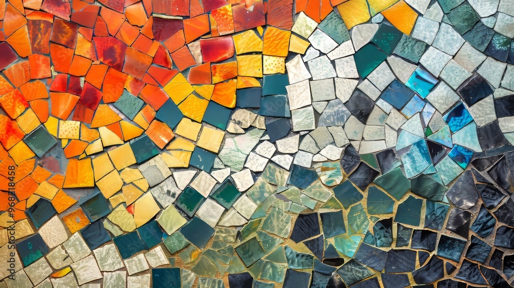Poster colorful mosaic artwork featuring vibrant patterns in an abstract style created with small tiles at 