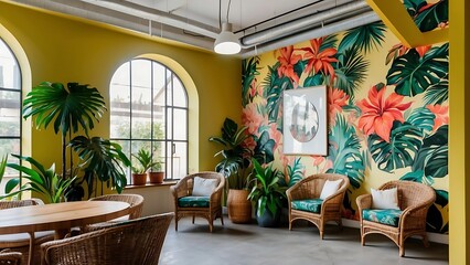 Obraz premium Tropical hotel lobby with vibrant flowers and plant patterns on walls, wooden chairs and modern design.