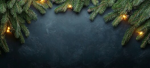 Festive green pine branches adorned with warm lights, creating a cozy holiday atmosphere