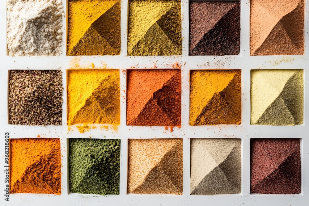 Poster An array of colorful spices meticulously arranged in organized square grid patterns, highlighting the diversity and richness of culinary ingredients, captured in vibrant detail.