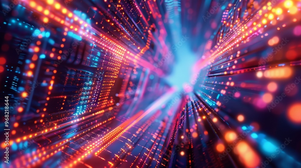 Poster vibrant abstract visualization of data streams flowing through a digital tunnel in an energetic burs