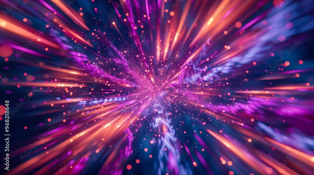 Poster vibrant abstract explosion of colors and light rays indicating dynamic motion in a cosmic space envi