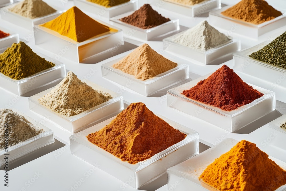 Poster An assortment of different spices displayed neatly in square compartments, emphasizing the array of ingredients used in cooking, caught in a well-lit and organized setup.