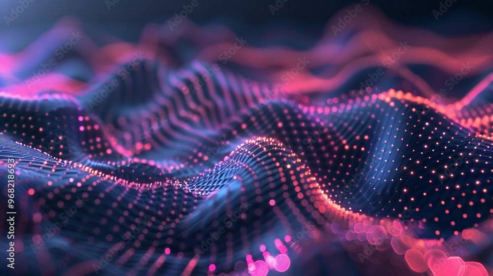 Poster colorful abstract waves of light and energy undulate across a dark background, representing data flo