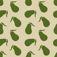 Whole avocado with leaves seamless pattern. Simple vector illustration on beige background