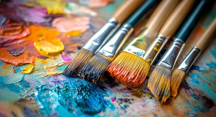 Obraz premium Colorful paint palette with assorted brushes arranged artistically on a vibrant background