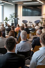 Obraz premium A business conference with a diverse audience. There are men and women of various ages and ethnicities sitting in a large room with a stage at the front.