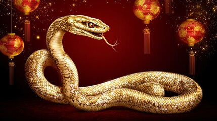 Fototapeta premium Chinese New Year, year of the snake. Chinese snake on a red background, with copy space