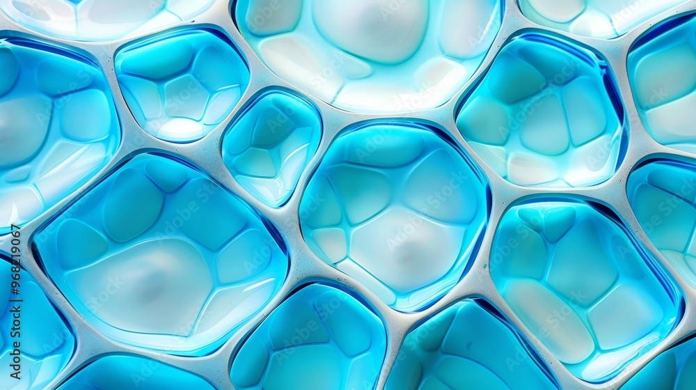 Poster artistic abstract of blue liquid bubbles and splashes forming unique patterns on a white canvas