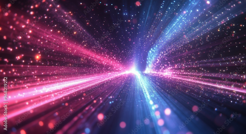 Poster vibrant neon lights create a dynamic pattern in a reflective futuristic environment