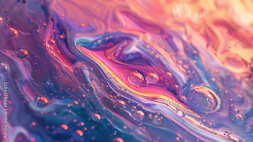 Poster colorful abstract swirl of vibrant paint with bubbles on a surface captured in a bright, creatively 
