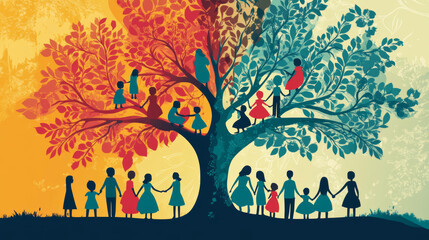 A colorful illustration showing a tree with people as branches, representing a family.
