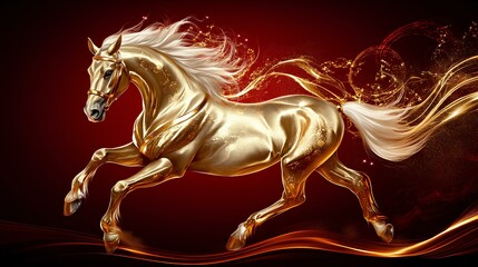 Simple stroke of golden horse illustration silhouette on red background, of Chinese new year, year of the horse	