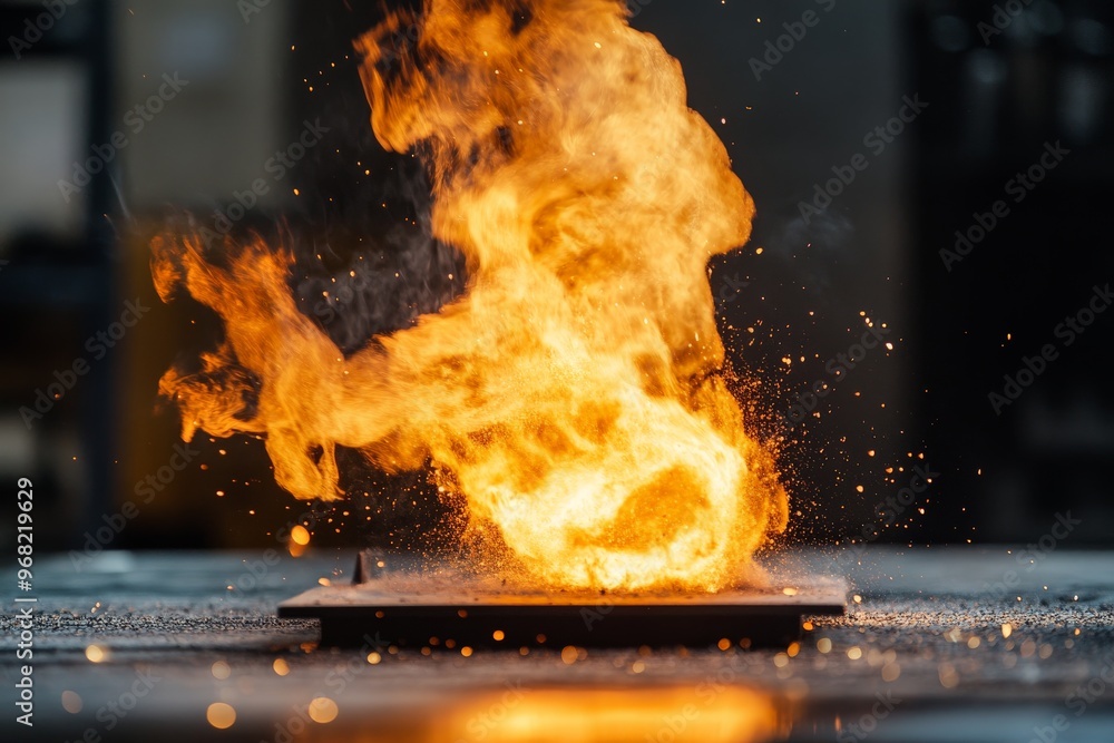 Poster the image captures a dramatic scene of golden flames rising from a flat surface, creating an intense