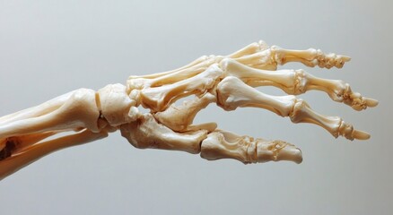 Detailed view of a human hand skeleton model demonstrating bone structure and anatomy