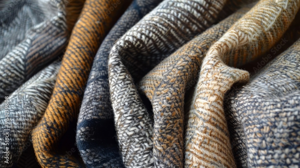 Poster Various textured fabrics in warm tones displayed together on a surface showcasing intricate weaves and patterns