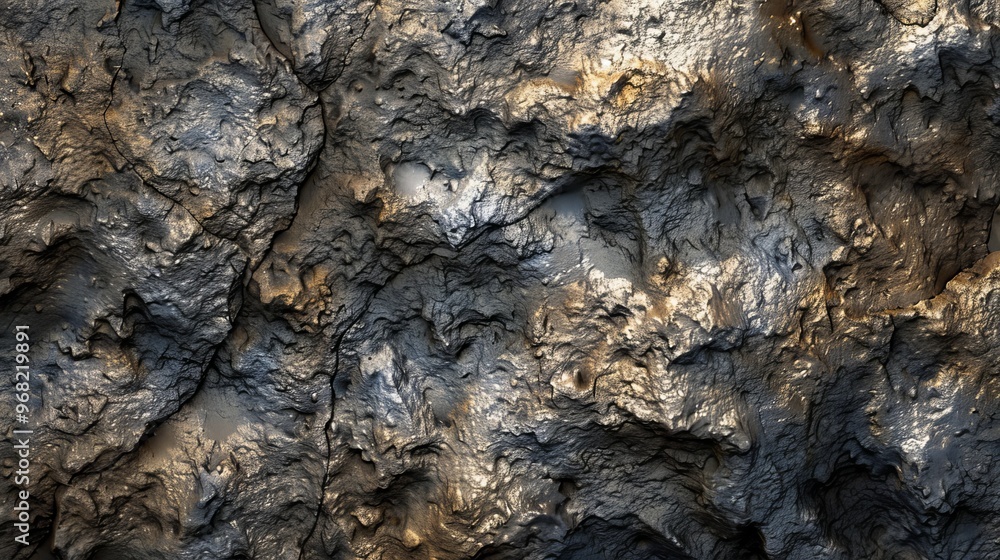 Poster textured rock surface in a natural setting showcasing detailed patterns and colors under soft outdoo